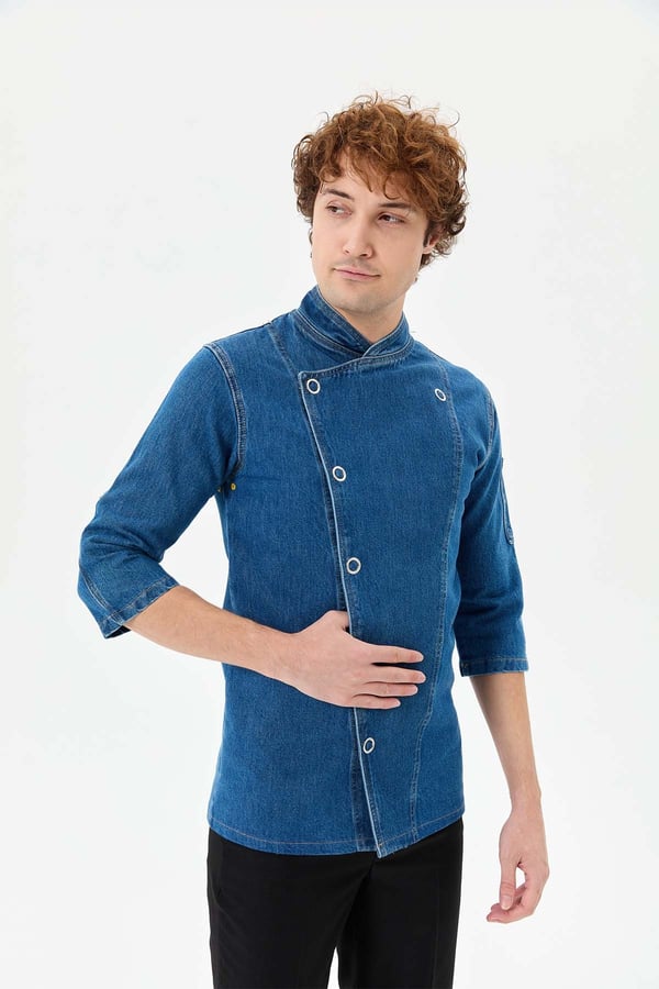 Denim Asimetrik Klasik Yarım Kol Şef Ceketi Mavi - Pamuk Denim - MyChef Uniforms