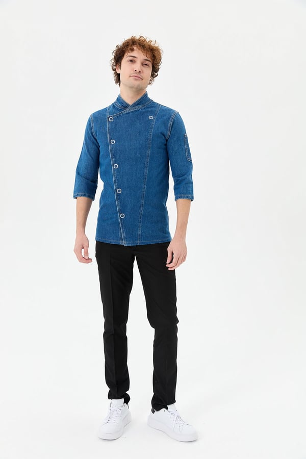 Denim Asimetrik Klasik Yarım Kol Şef Ceketi Mavi - Pamuk Denim - MyChef Uniforms