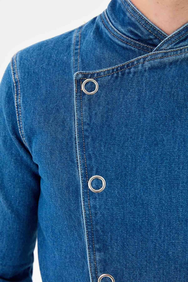 Denim Asimetrik Klasik Yarım Kol Şef Ceketi Mavi - Pamuk Denim - MyChef Uniforms