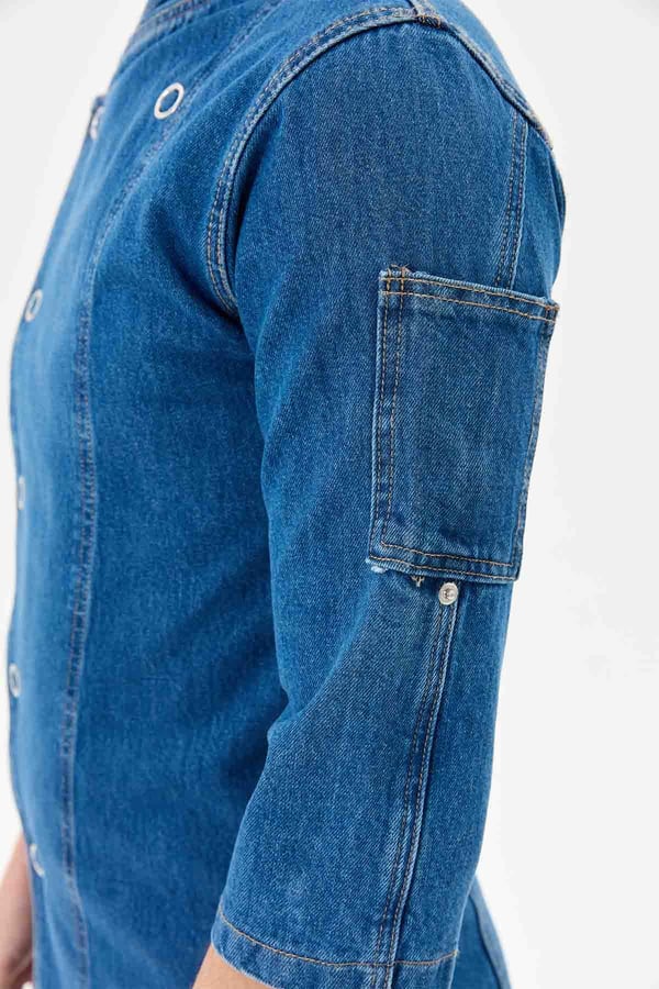 Denim Asimetrik Klasik Yarım Kol Şef Ceketi Mavi - Pamuk Denim - MyChef Uniforms