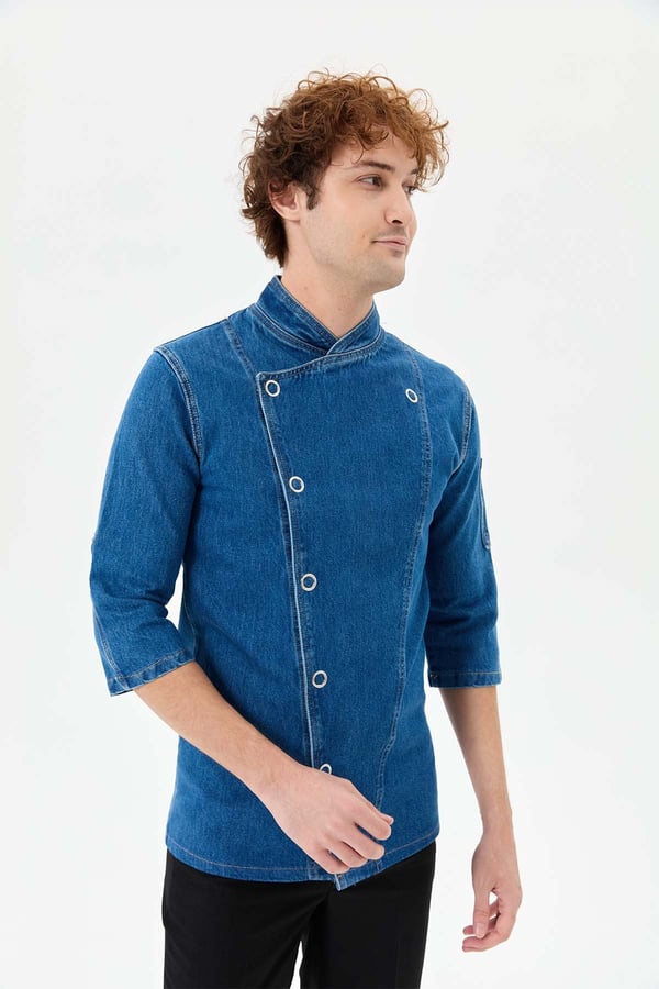 Denim Asimetrik Klasik Yarım Kol Şef Ceketi Mavi - Pamuk Denim - MyChef Uniforms