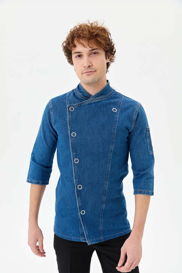 Denim Asimetrik Klasik Yarım Kol Şef Ceketi Mavi - Pamuk Denim - MyChef Uniforms