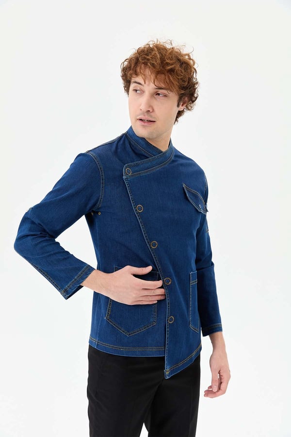 Denim Rana Cepli Uzun Kol Şef Ceketi Koyu Mavi - Fonksiyonel Denim - MyChef Uniforms