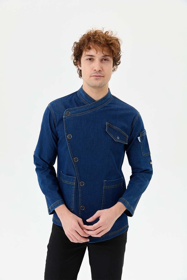 Denim Rana Cepli Uzun Kol Şef Ceketi Koyu Mavi - Fonksiyonel Denim - MyChef Uniforms
