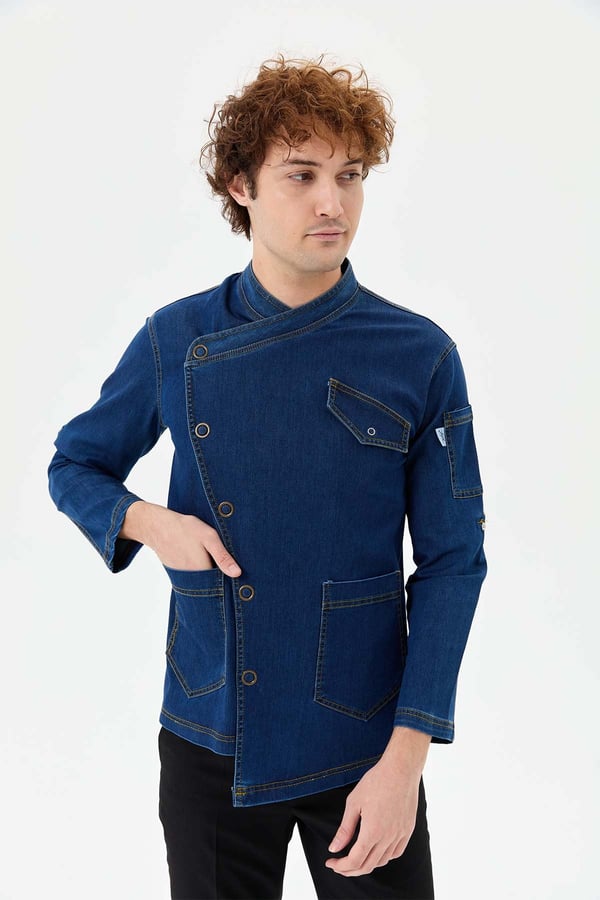Denim Rana Cepli Uzun Kol Şef Ceketi Koyu Mavi - Fonksiyonel Denim - MyChef Uniforms