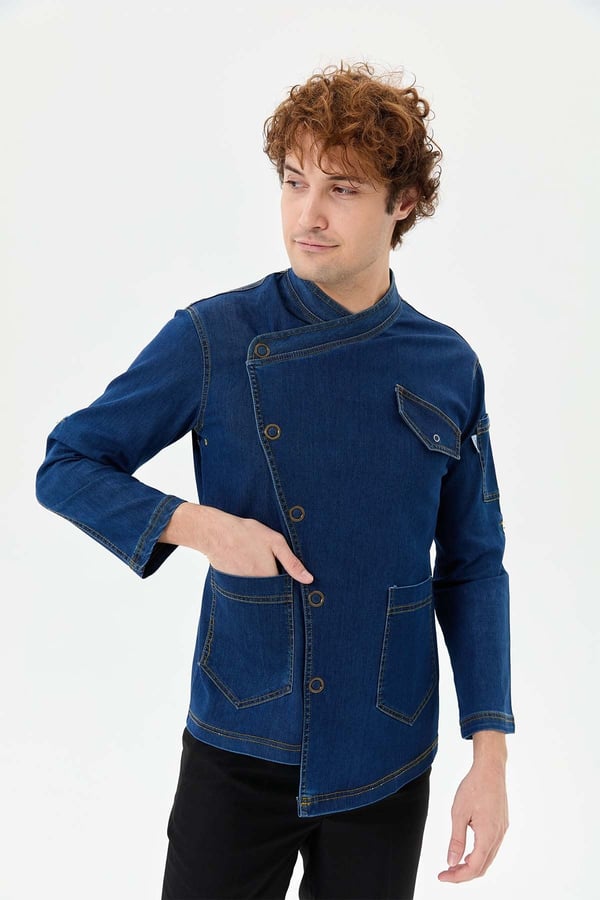 Denim Rana Cepli Uzun Kol Şef Ceketi Koyu Mavi - Fonksiyonel Denim - MyChef Uniforms