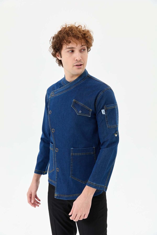 Denim Rana Cepli Uzun Kol Şef Ceketi Koyu Mavi - Fonksiyonel Denim - MyChef Uniforms