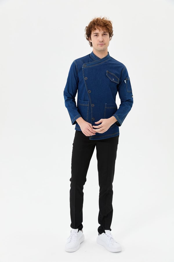 Denim Rana Cepli Uzun Kol Şef Ceketi Koyu Mavi - Fonksiyonel Denim - MyChef Uniforms