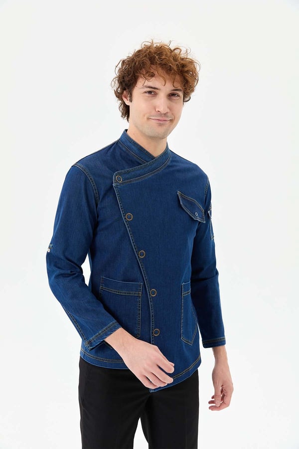 Denim Rana Cepli Uzun Kol Şef Ceketi Koyu Mavi - Fonksiyonel Denim - MyChef Uniforms