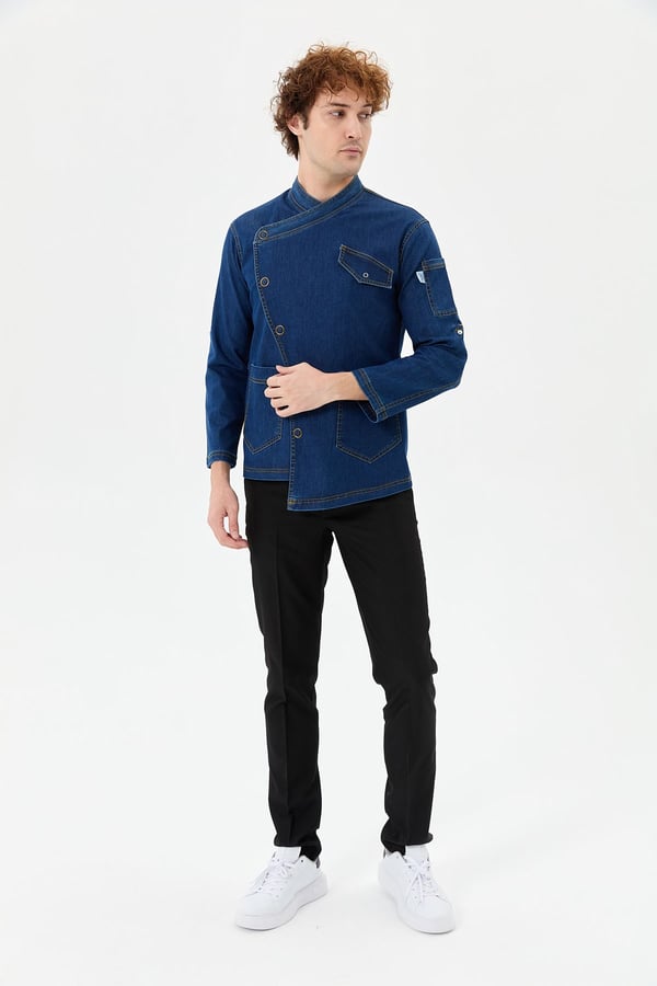 Denim Rana Cepli Uzun Kol Şef Ceketi Koyu Mavi - Fonksiyonel Denim - MyChef Uniforms