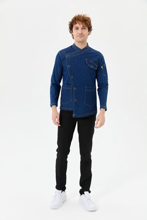 Denim Rana Cepli Uzun Kol Şef Ceketi Koyu Mavi - Fonksiyonel Denim - MyChef Uniforms