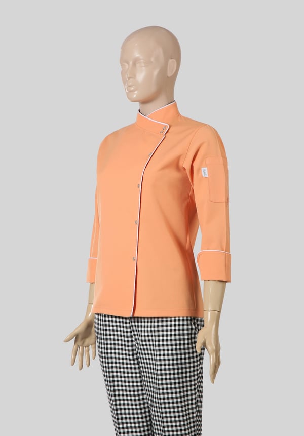 Şeftali Turuncusu Beyaz Biyeli Rana Yaka Slim Fit Kadın Şef Aşçı Ceketi