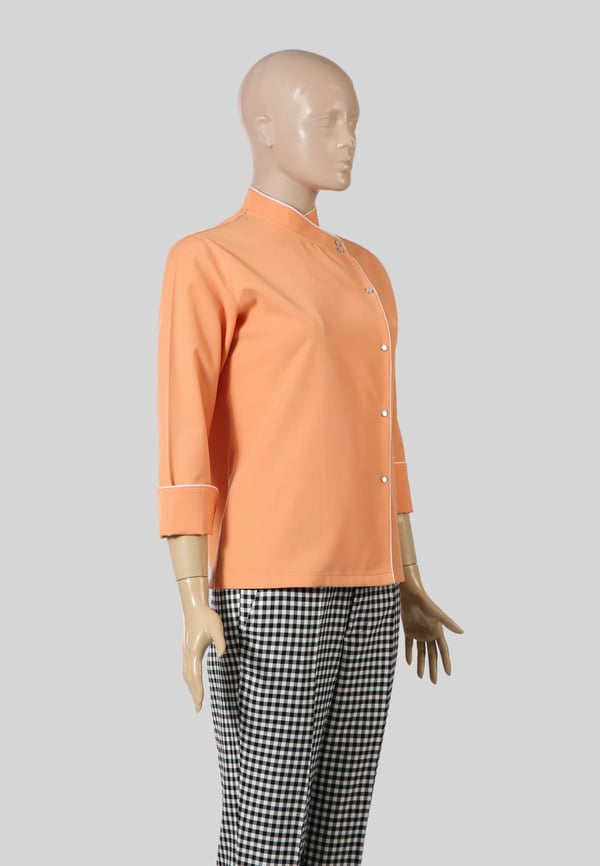 Şeftali Turuncusu Beyaz Biyeli Rana Yaka Slim Fit Kadın Şef Aşçı Ceketi