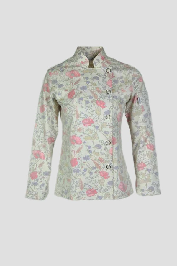 Zena Çiçek Desenli Slim Fit Kadın Kırık Beyaz Şef Aşçı Ceketi