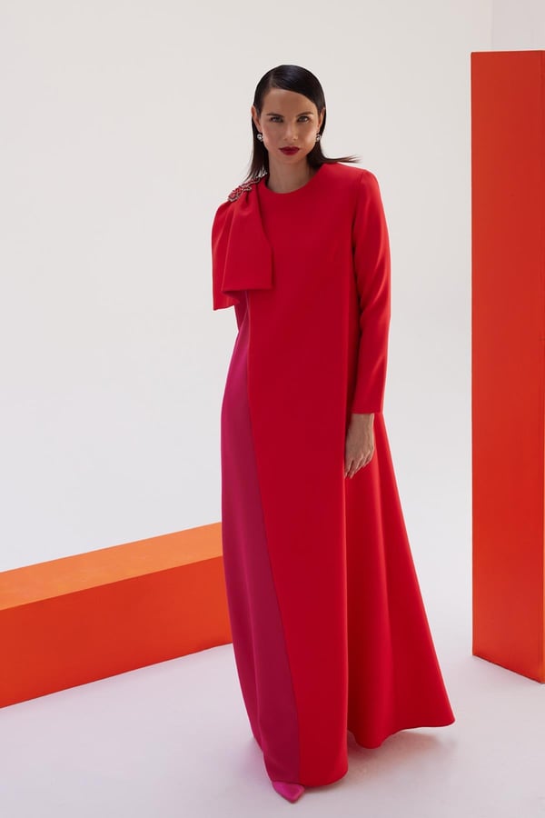 Asymmetrical Detailed Color Block Evening DressJAQAR