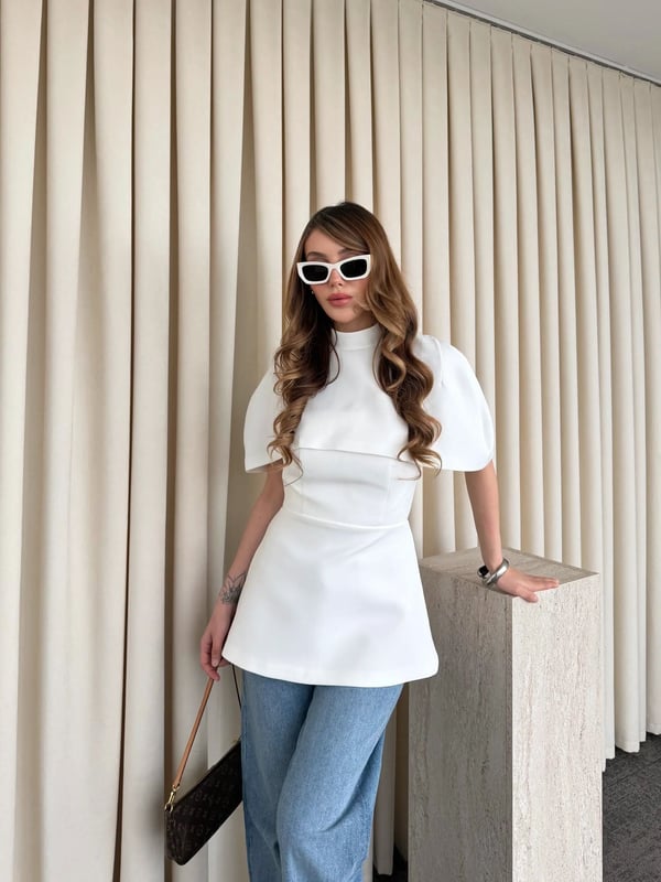 Beyaz Pelerinli Straplez Bluz - Seri 1101