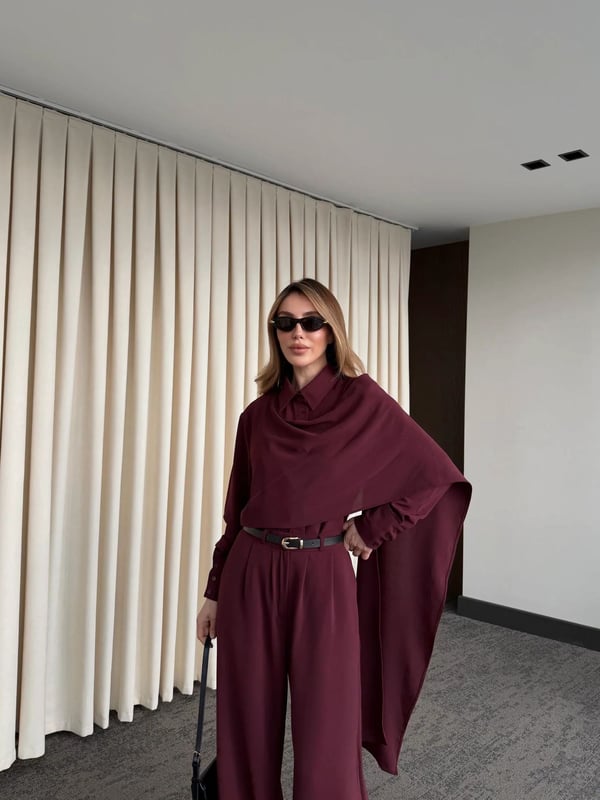 Bordo Kemerli Şal Yaka Gömlek Pantolon Takım - Seri 8004