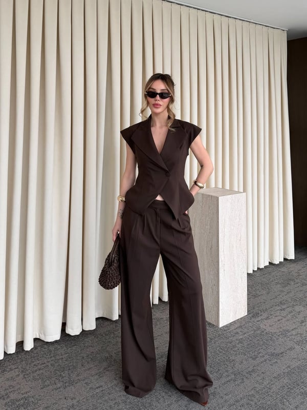 Kahverengi Margot Yelek Pantolon Takım Seri- 308
