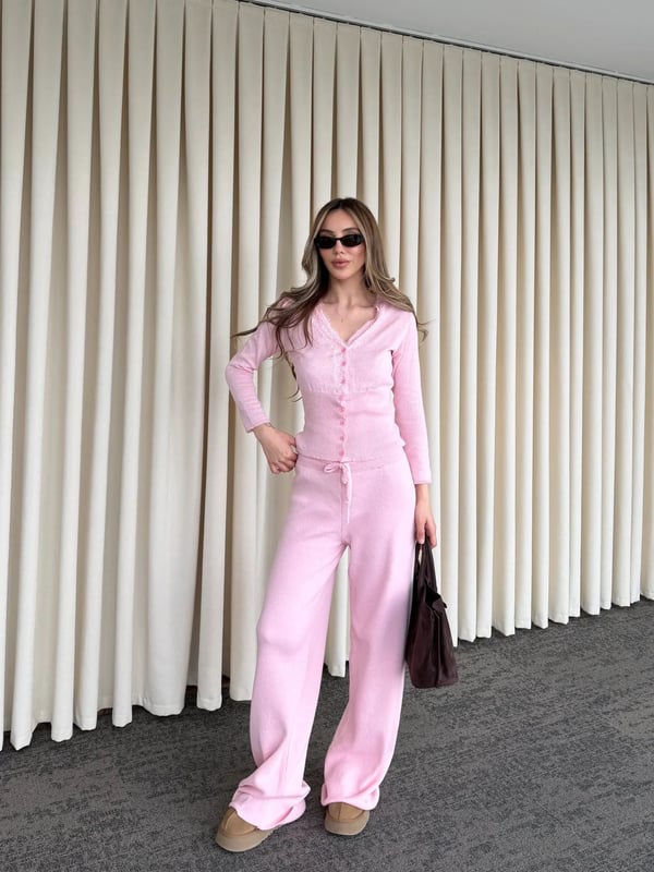 Pembe Düğmeli İkili Triko Takım Dantelli Seri -2602