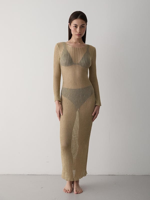 Altın Işıltılı Uzun Transparan Plaj Elbisesi