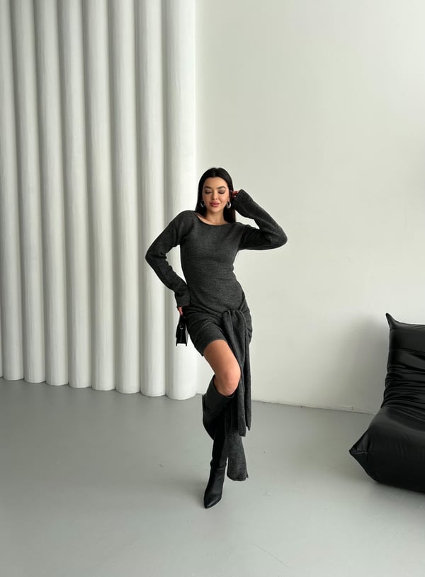 Antrasit Önü Bağlamalı Kısa Elbise