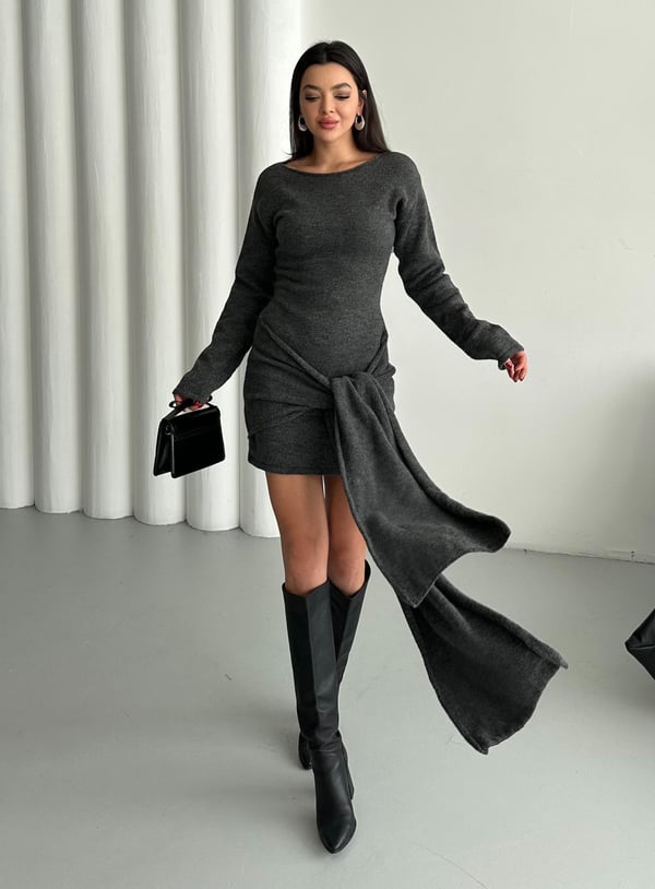 Antrasit Önü Bağlamalı Kısa Elbise