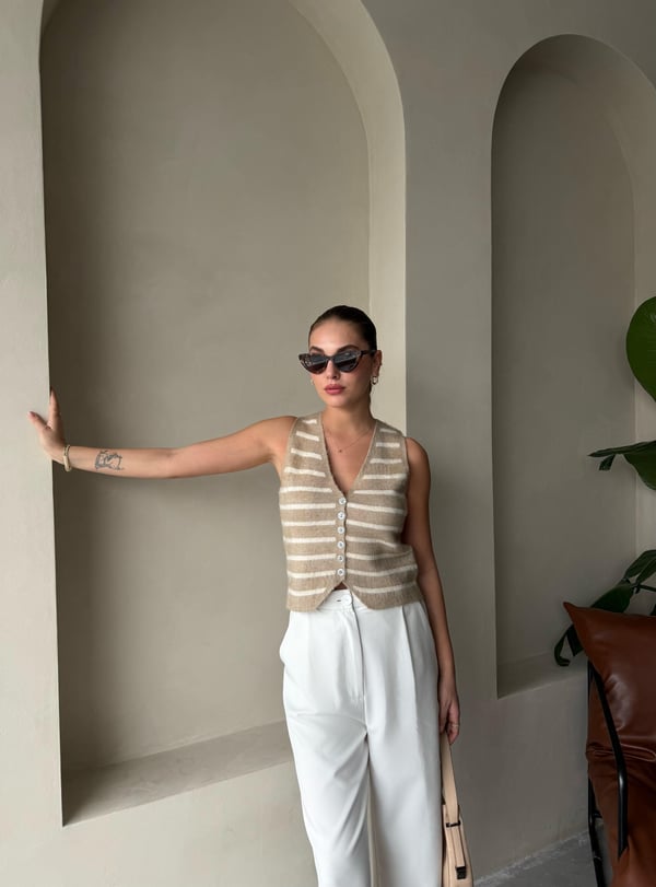 Beige-Beige Mother of Pearl Elegant Two Renkli Vest