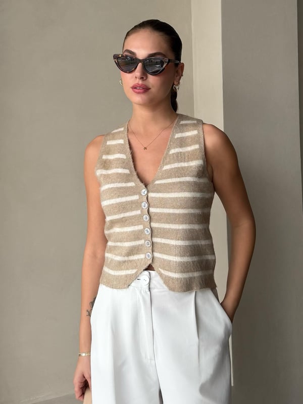 Beige-Beige Mother of Pearl Elegant Two Renkli Vest