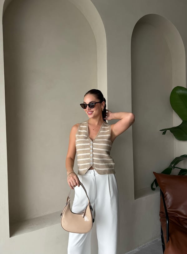 Beige-Beige Mother of Pearl Elegant Two Renkli Vest