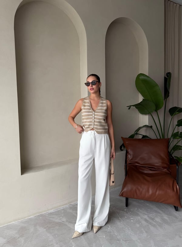 Beige-Beige Mother of Pearl Elegant Two Renkli Vest