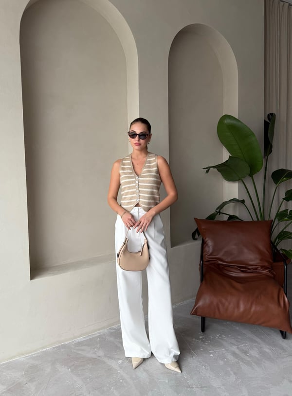 Beige-Beige Mother of Pearl Elegant Two Renkli Vest