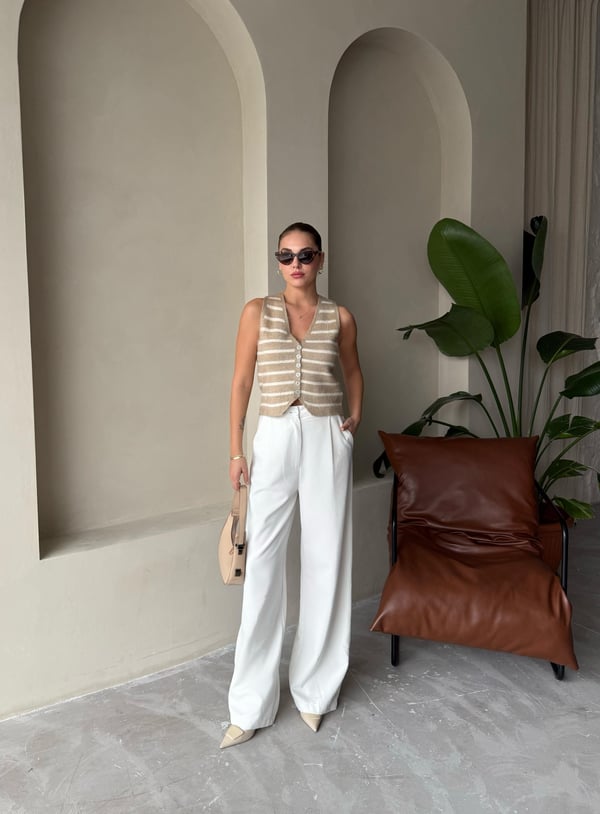 Beige-Beige Mother of Pearl Elegant Two Renkli Vest