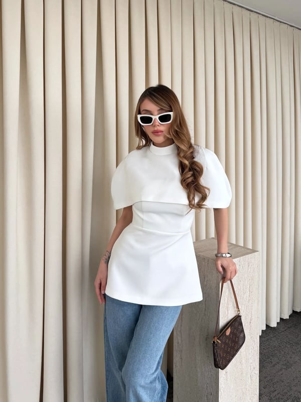 Beyaz Pelerinli Straplez Bluz - Seri 1101