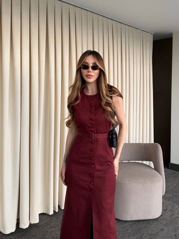 Bordo Düğmeli Kemerli Gabardin Elbise Seri - 5002