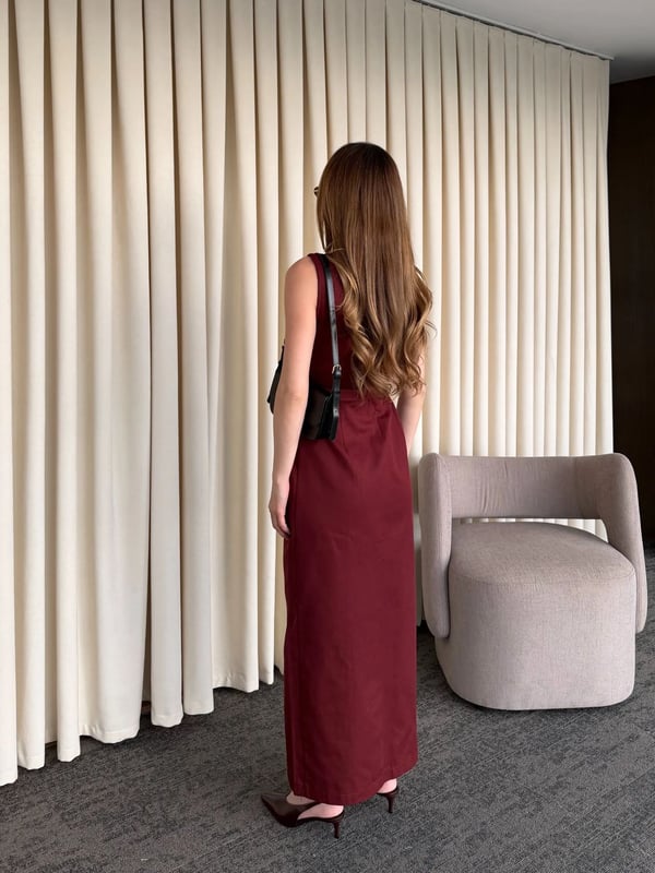 Bordo Düğmeli Kemerli Gabardin Elbise Seri - 5002