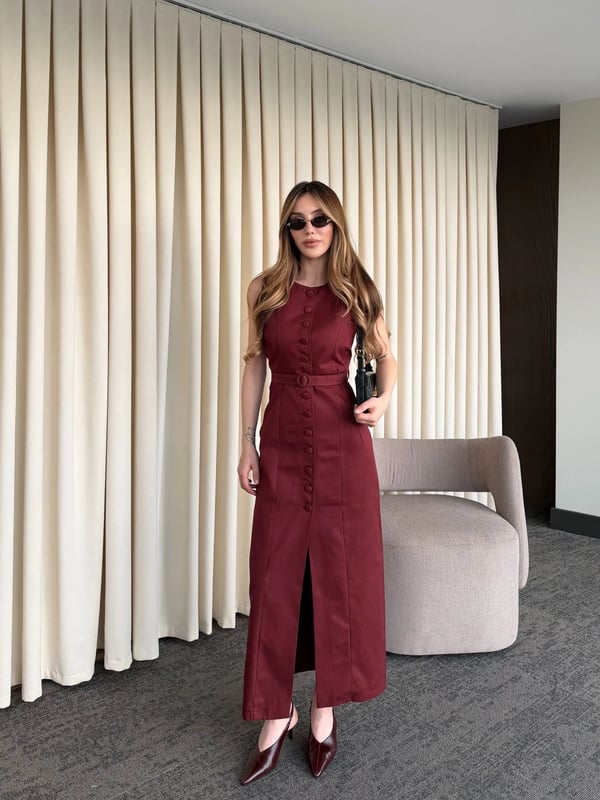 Bordo Düğmeli Kemerli Gabardin Elbise Seri - 5002