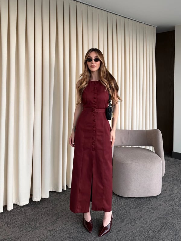 Bordo Düğmeli Kemerli Gabardin Elbise Seri - 5002