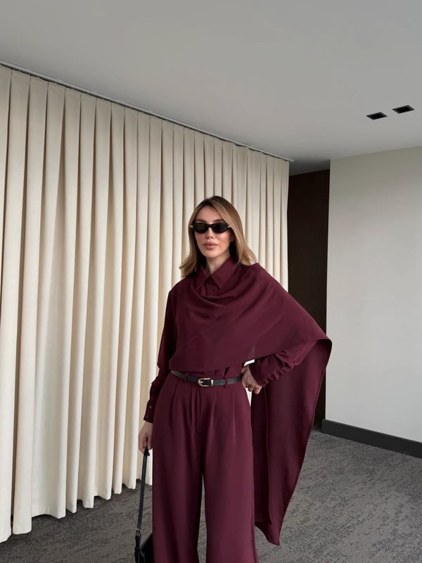Bordo Kemerli Şal Yaka Gömlek Pantolon Takım - Seri 8004