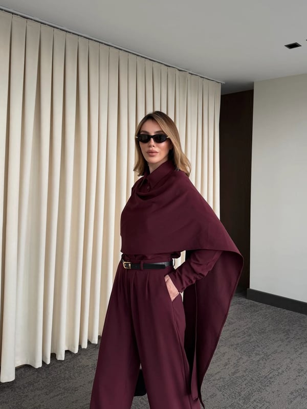 Bordo Kemerli Şal Yaka Gömlek Pantolon Takım - Seri 8004