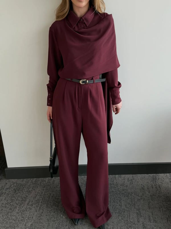 Bordo Kemerli Şal Yaka Gömlek Pantolon Takım - Seri 8004
