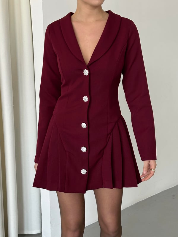 Bordo Metalik Taş Düğmeli Ceket Elbise