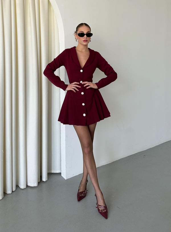 Bordo Metalik Taş Düğmeli Ceket Elbise