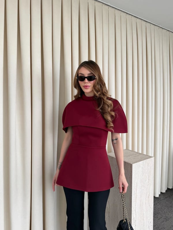 Bordo Pelerinli Straplez Bluz - Seri 1101