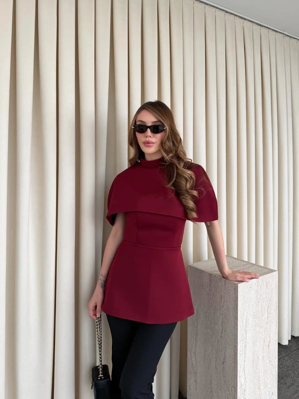 Bordo Pelerinli Straplez Bluz - Seri 1101