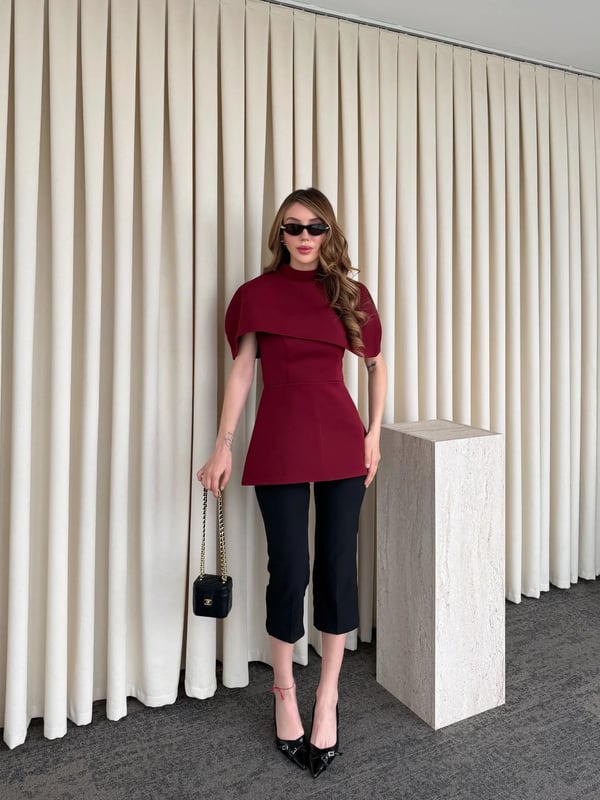 Bordo Pelerinli Straplez Bluz - Seri 1101