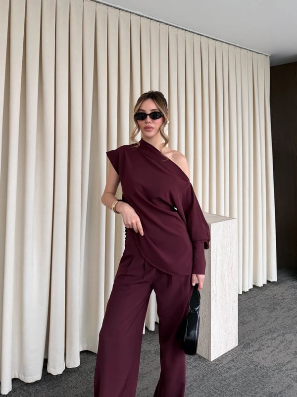 Bordo Tek Omuz Bluz Pantolon Takım -Seri 7009