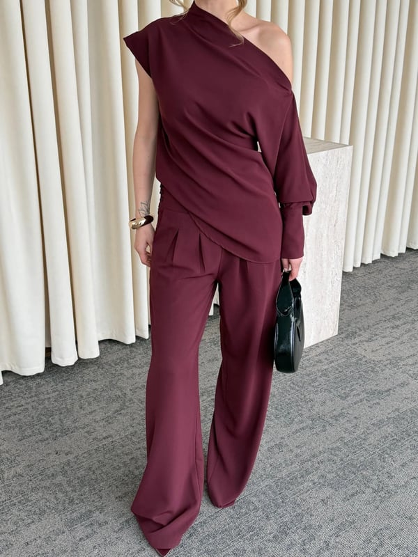 Bordo Tek Omuz Bluz Pantolon Takım -Seri 7009