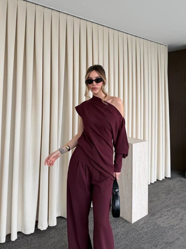 Bordo Tek Omuz Bluz Pantolon Takım -Seri 7009