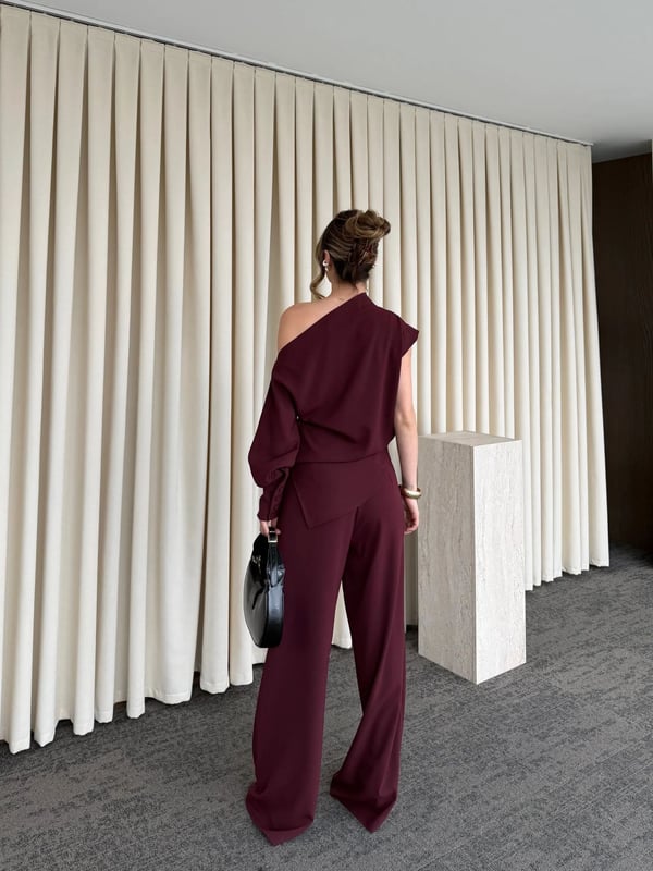 Bordo Tek Omuz Bluz Pantolon Takım -Seri 7009