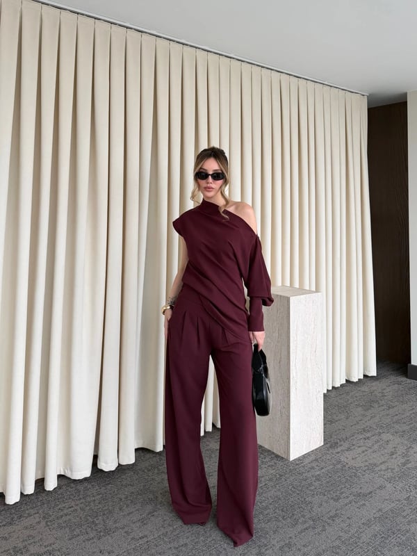 Bordo Tek Omuz Bluz Pantolon Takım -Seri 7009